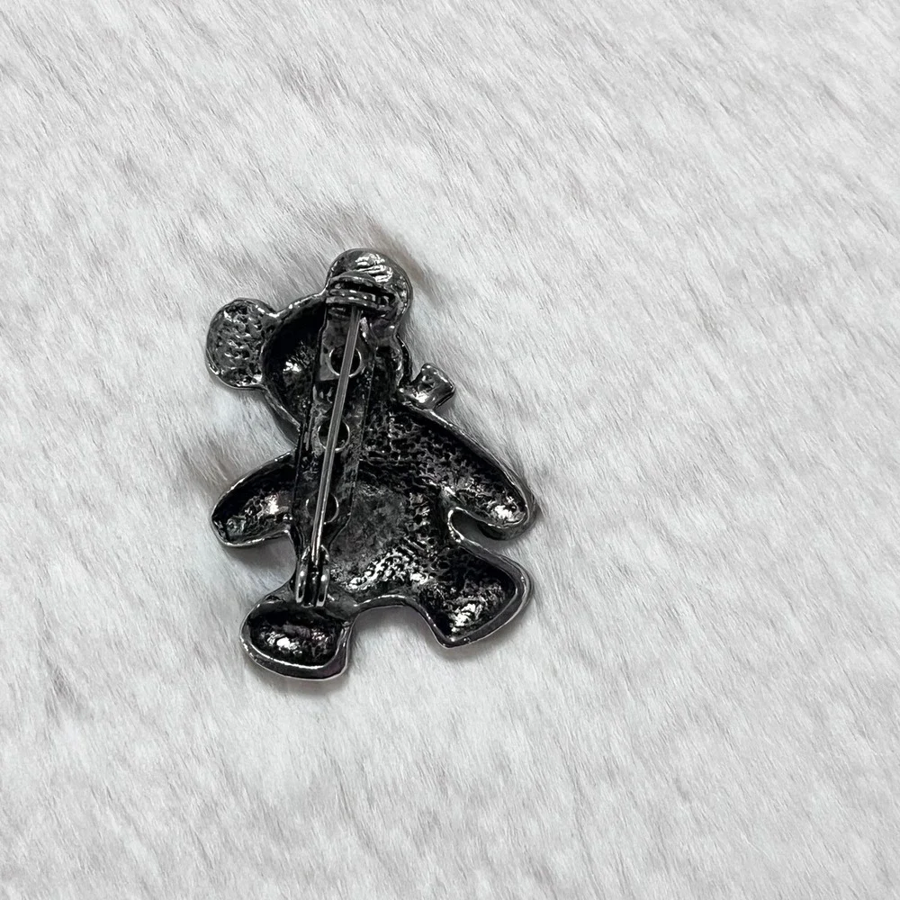 🔮 5/$25 Vintage Silver Tone Teddy Bear With Black Rhinestone Eyes Pin‎
